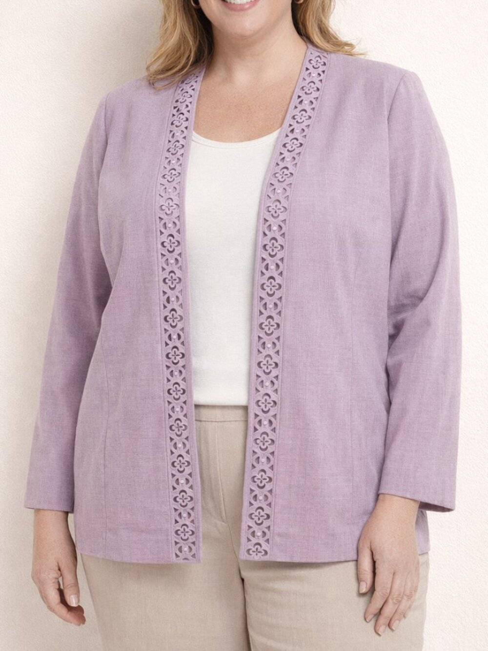 Alfred Dunner Lavender Purple Eyelets Detail Long Sleeve 18W Open Front Blazer - Picture 2 of 6
